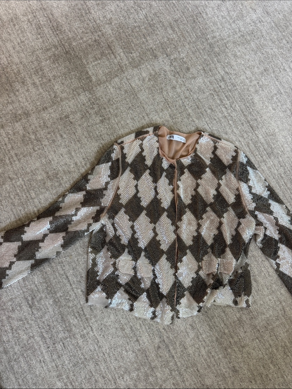 Zara Sequin Diamond-Check Jacket - Pink & Brown